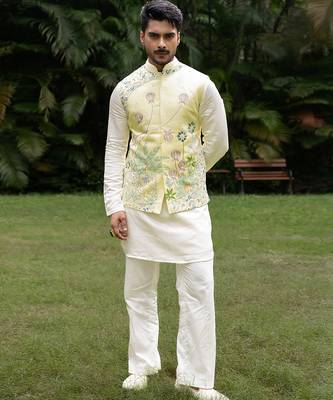 Mint green embroidered linen kurta jacket set 2