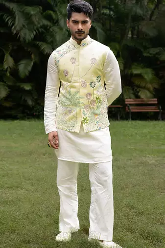 Mint green embroidered linen kurta jacket set