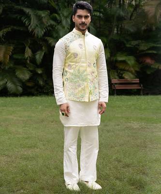 Mint green embroidered linen kurta jacket set 3