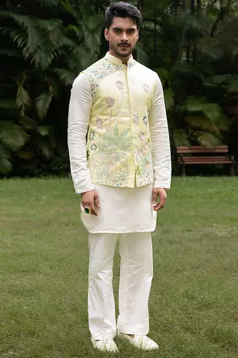 Mint green embroidered linen kurta jacket set