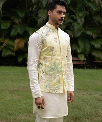 Mint green embroidered linen kurta jacket set 4
