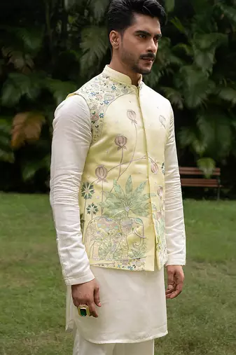 Mint green embroidered linen kurta jacket set