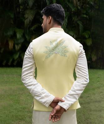 Mint green embroidered linen kurta jacket set 5