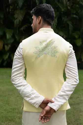 Mint green embroidered linen kurta jacket set