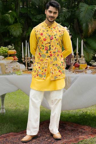 Yellow embroidered organza kurta jacket set