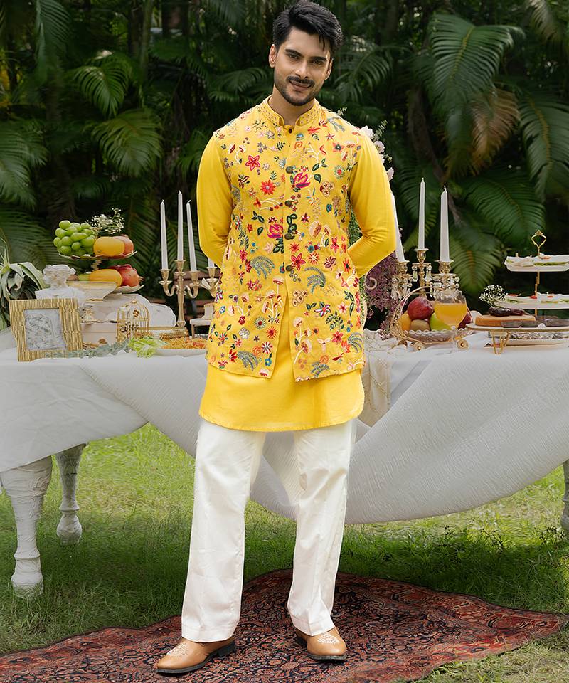 Yellow embroidered organza kurta jacket set
