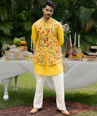 Yellow embroidered organza kurta jacket set 2