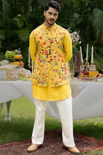 Yellow embroidered organza kurta jacket set
