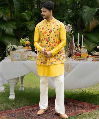 Yellow embroidered organza kurta jacket set 3