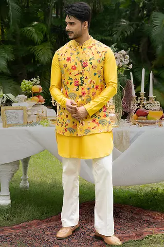 Yellow embroidered organza kurta jacket set