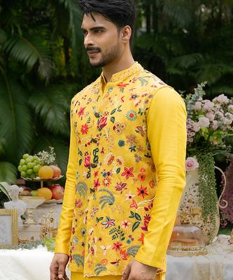 Yellow embroidered organza kurta jacket set 4