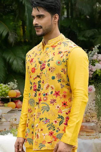 Yellow embroidered organza kurta jacket set