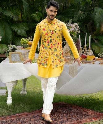 Yellow embroidered organza kurta jacket set 5