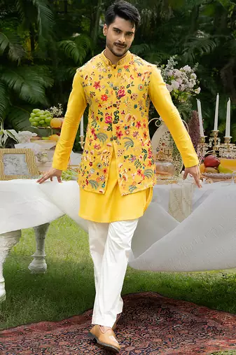 Yellow embroidered organza kurta jacket set