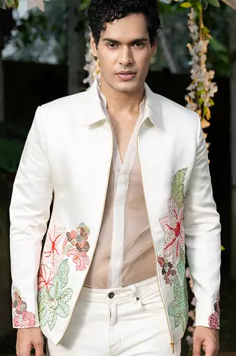 Ivory embroidered linen jacket