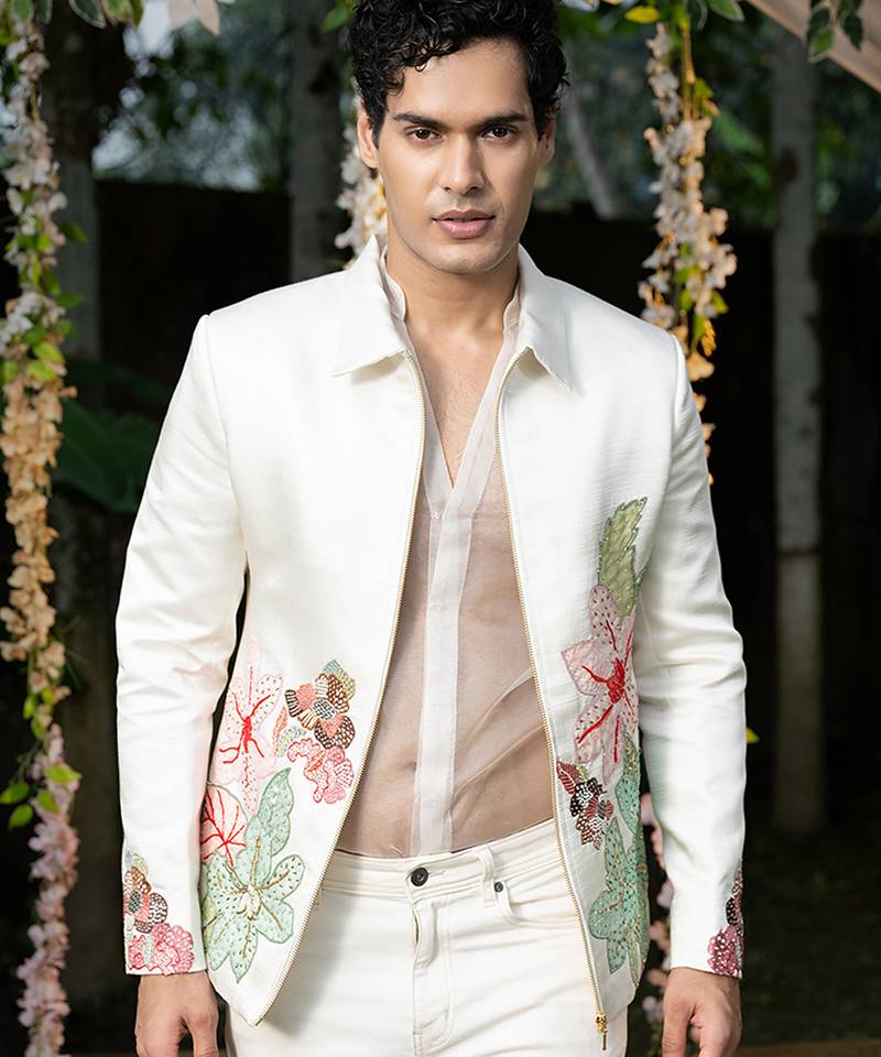Ivory embroidered linen jacket