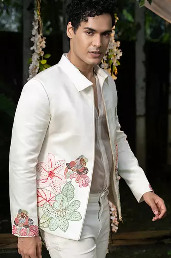 Ivory embroidered linen jacket