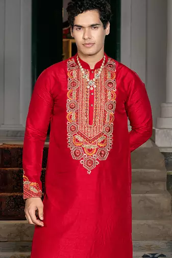 Red embroidered silk kurta set