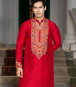 Red embroidered silk kurta set
