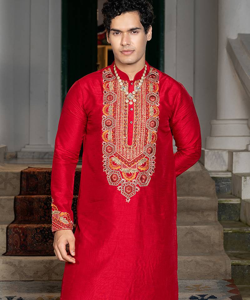 Red embroidered silk kurta set