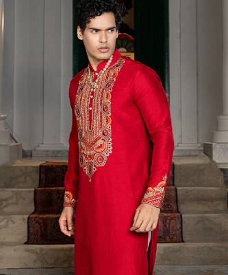 Red embroidered silk kurta set 2