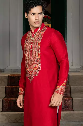 Red embroidered silk kurta set