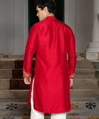 Red embroidered silk kurta set 3