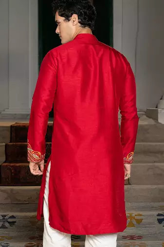 Red embroidered silk kurta set