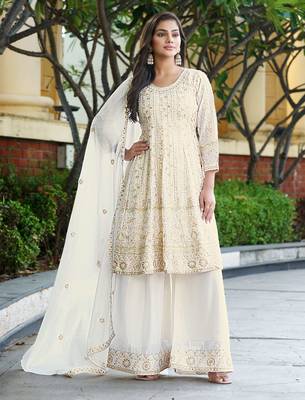  off white chinon kurta palazzo set round neck 1