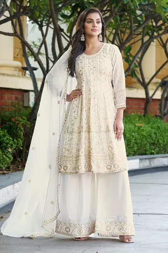  off white chinon kurta palazzo set round neck