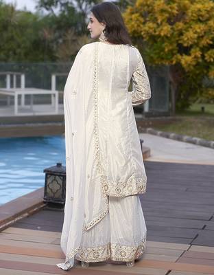  off white chinon kurta palazzo set round neck 2