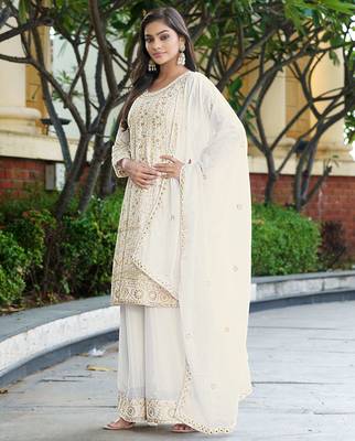  off white chinon kurta palazzo set round neck 3