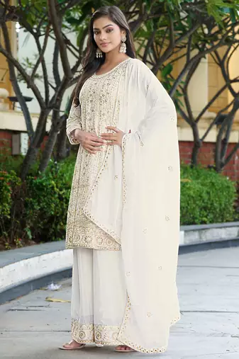 off white chinon kurta palazzo set round neck