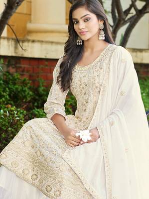  off white chinon kurta palazzo set round neck 4