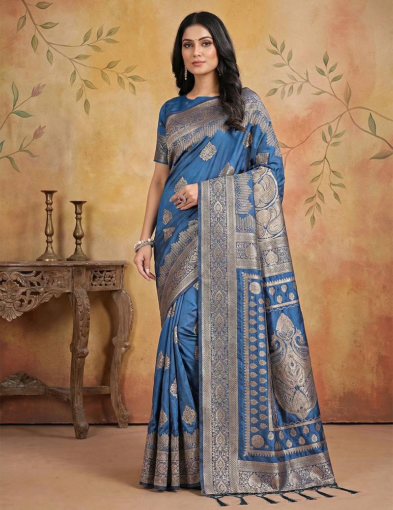 Blue wiving work printed fancy saree with blouse