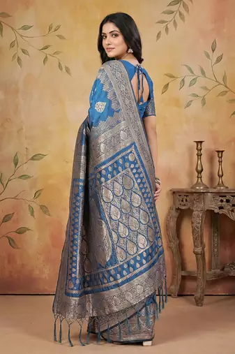 Blue wiving work printed fancy saree with blouse