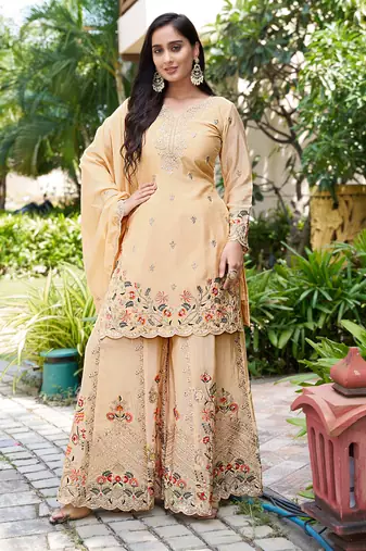  cream chinon kurta palazzo set sweet heart neck