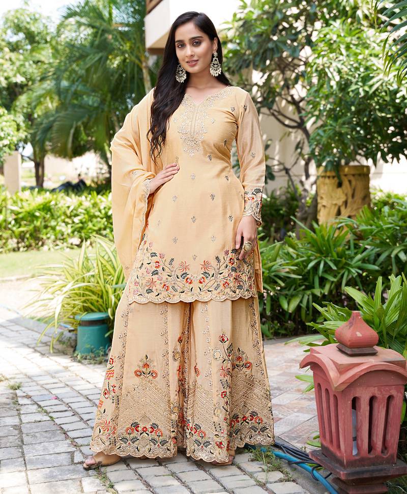  cream chinon kurta palazzo set sweet heart neck