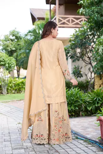  cream chinon kurta palazzo set sweet heart neck