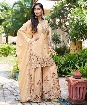  cream chinon kurta palazzo set sweet heart neck 3