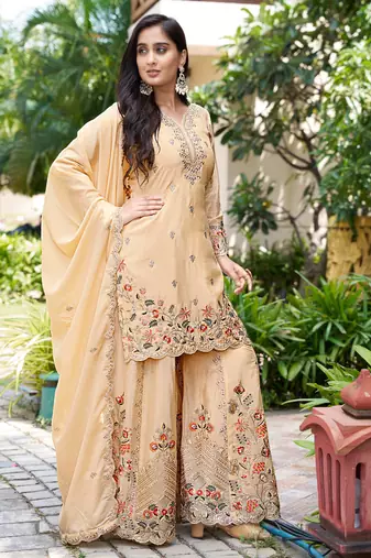  cream chinon kurta palazzo set sweet heart neck
