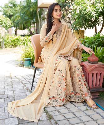  cream chinon kurta palazzo set sweet heart neck 4
