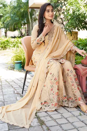  cream chinon kurta palazzo set sweet heart neck