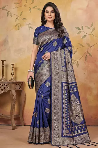 Navy blue wiving work printed fancy saree with blouse