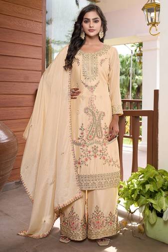  cream chinon kurta palazzo set round neck