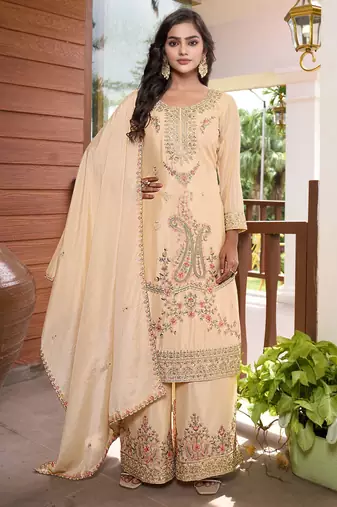  cream chinon kurta palazzo set round neck