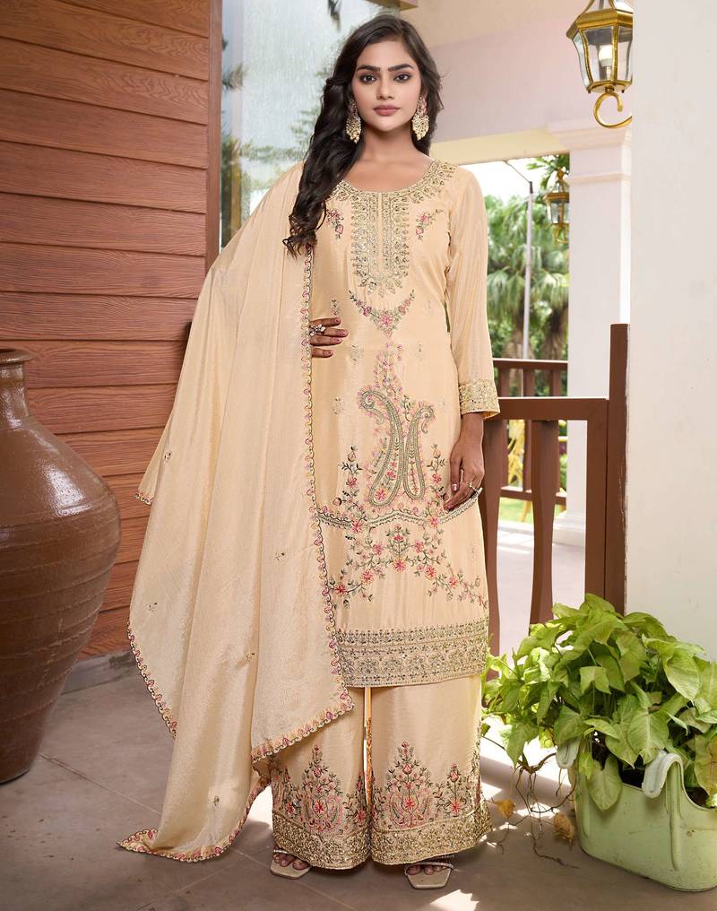  cream chinon kurta palazzo set round neck