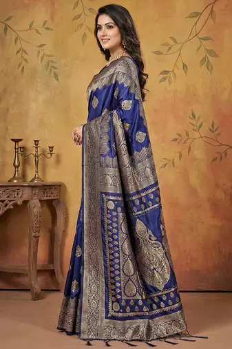 Navy blue wiving work printed fancy saree with blouse