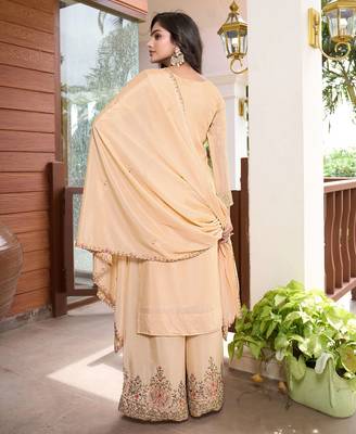  cream chinon kurta palazzo set round neck 2