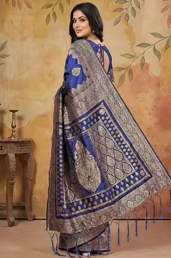 Navy blue wiving work printed fancy saree with blouse